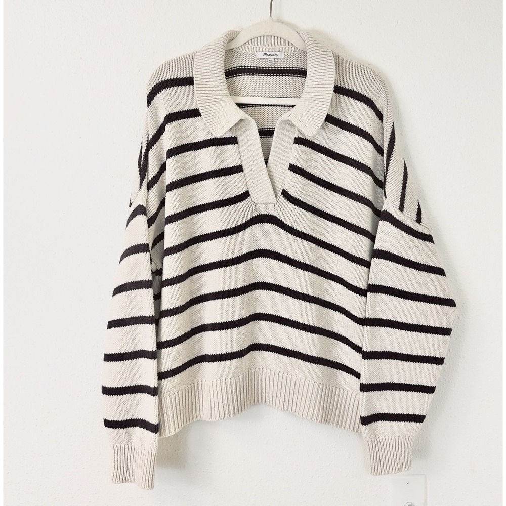 Madewell Knit Ivory Navy Blue Striped Polo Collared Nautical Preppy Sweater XXL